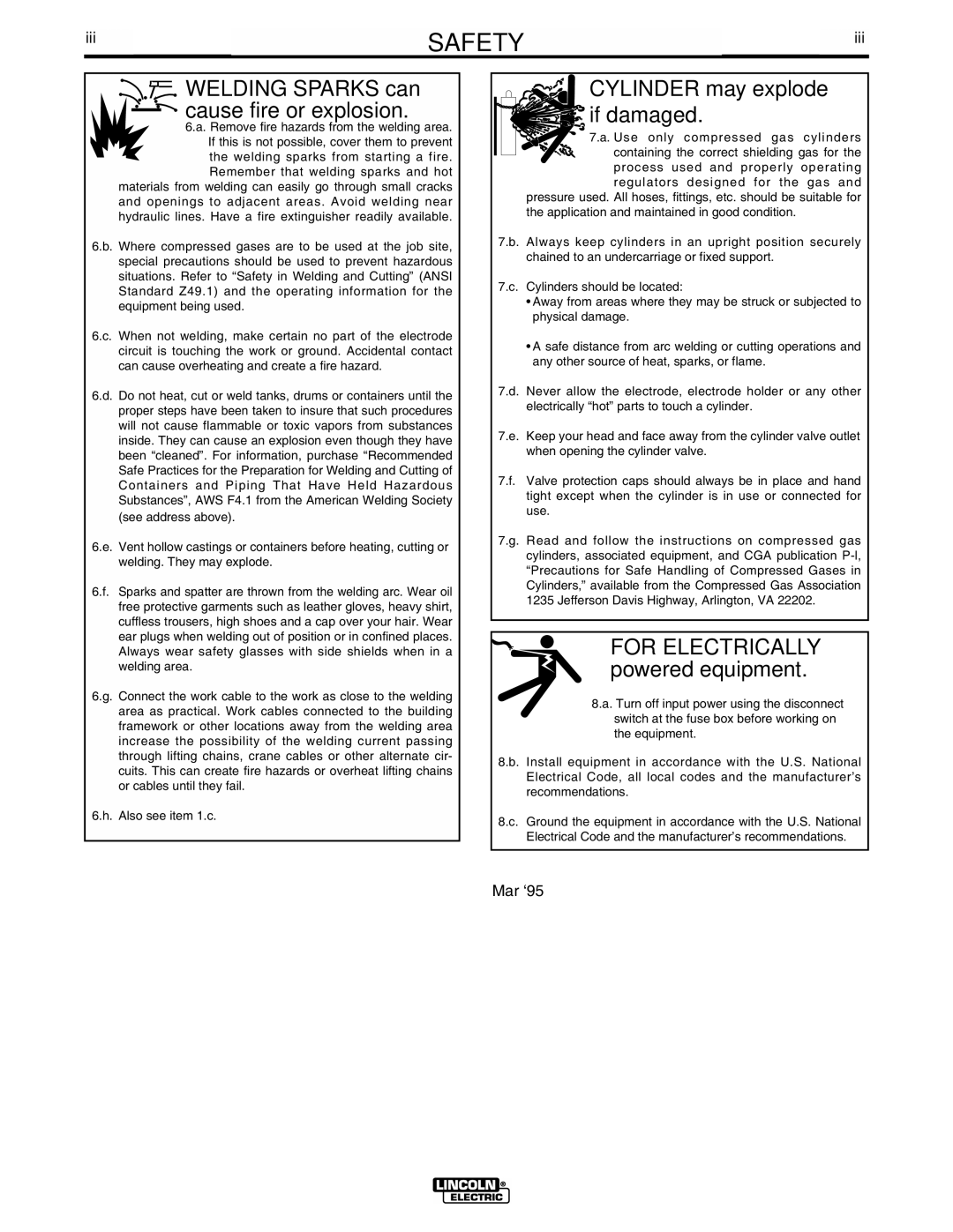 Lincoln Electric IM724 manual Welding Sparks can cause fire or explosion, Iii 