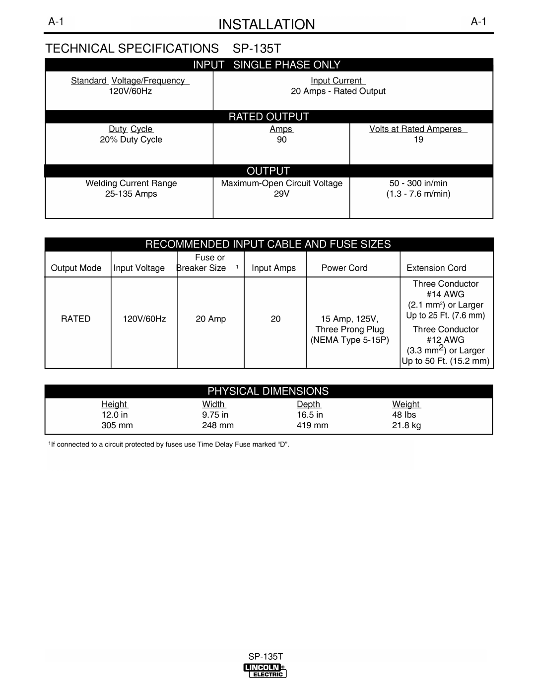 Lincoln Electric IM724 manual Installation, Technical Specifications SP-135T 