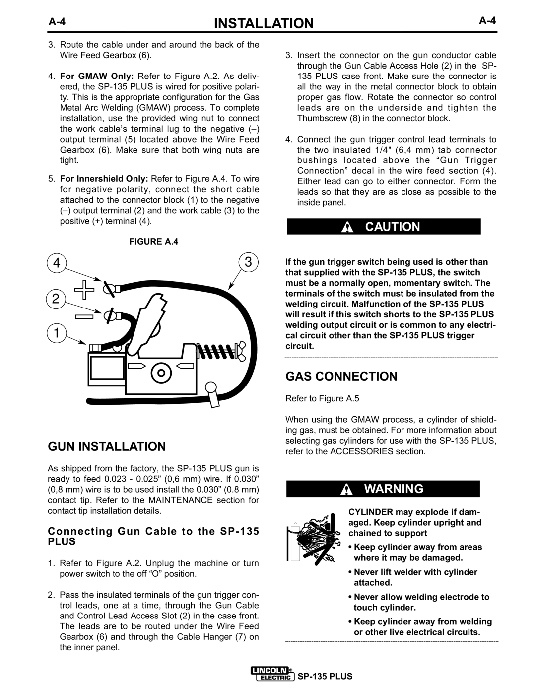 Lincoln Electric IM725 manual GUN Installation, GAS Connection, Connecting Gun Cable to the SP-135, Plus 