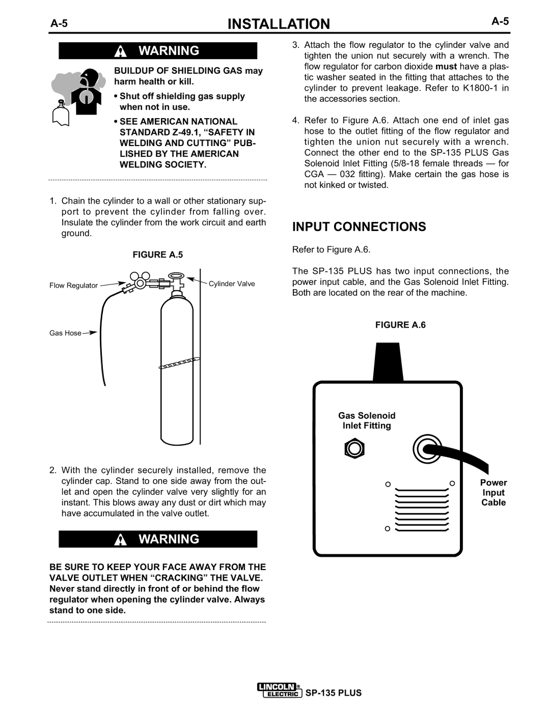 Lincoln Electric IM725 manual Input Connections, Gas Solenoid Inlet Fitting, Cable 