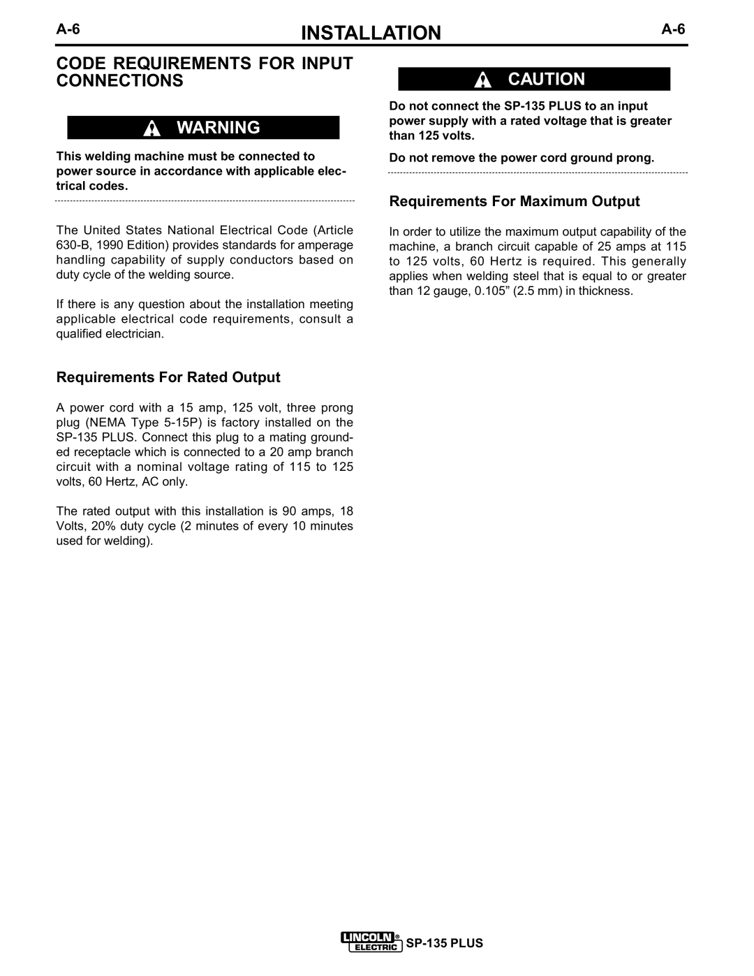 Lincoln Electric IM725 manual Code Requirements for Input Connections, Requirements For Rated Output 