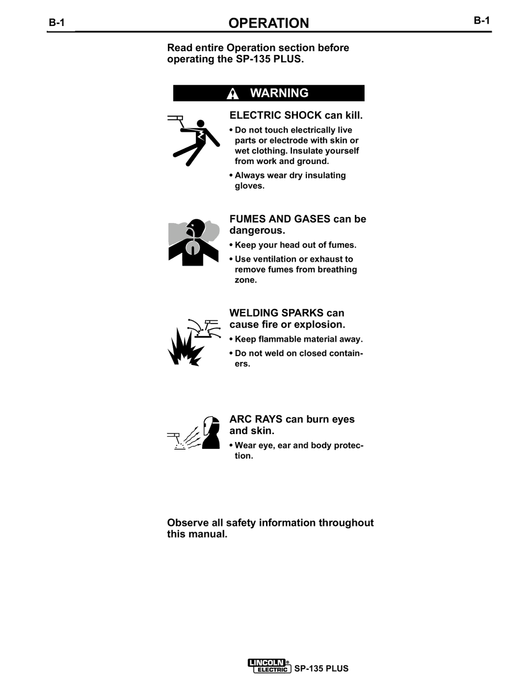 Lincoln Electric IM725 manual Operation, Fumes and Gases can be dangerous, Welding Sparks can cause fire or explosion 