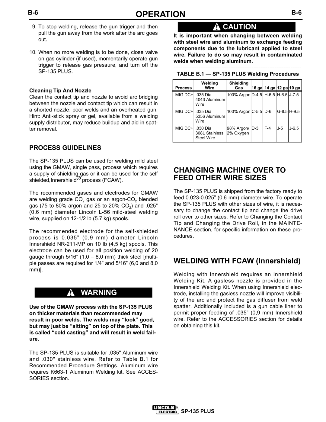 Lincoln Electric IM725 manual Changing Machine Over to Feed Other Wire Sizes, Process Guidelines, Cleaning Tip And Nozzle 