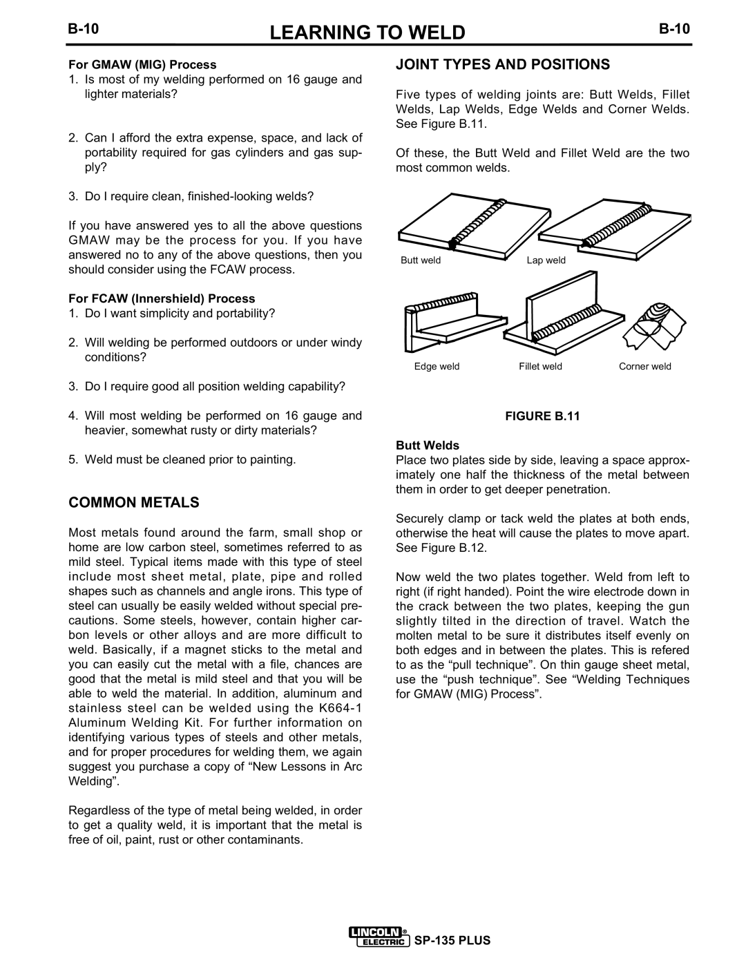 Lincoln Electric IM725 manual Common Metals, Joint Types and Positions, For Gmaw MIG Process, For Fcaw Innershield Process 