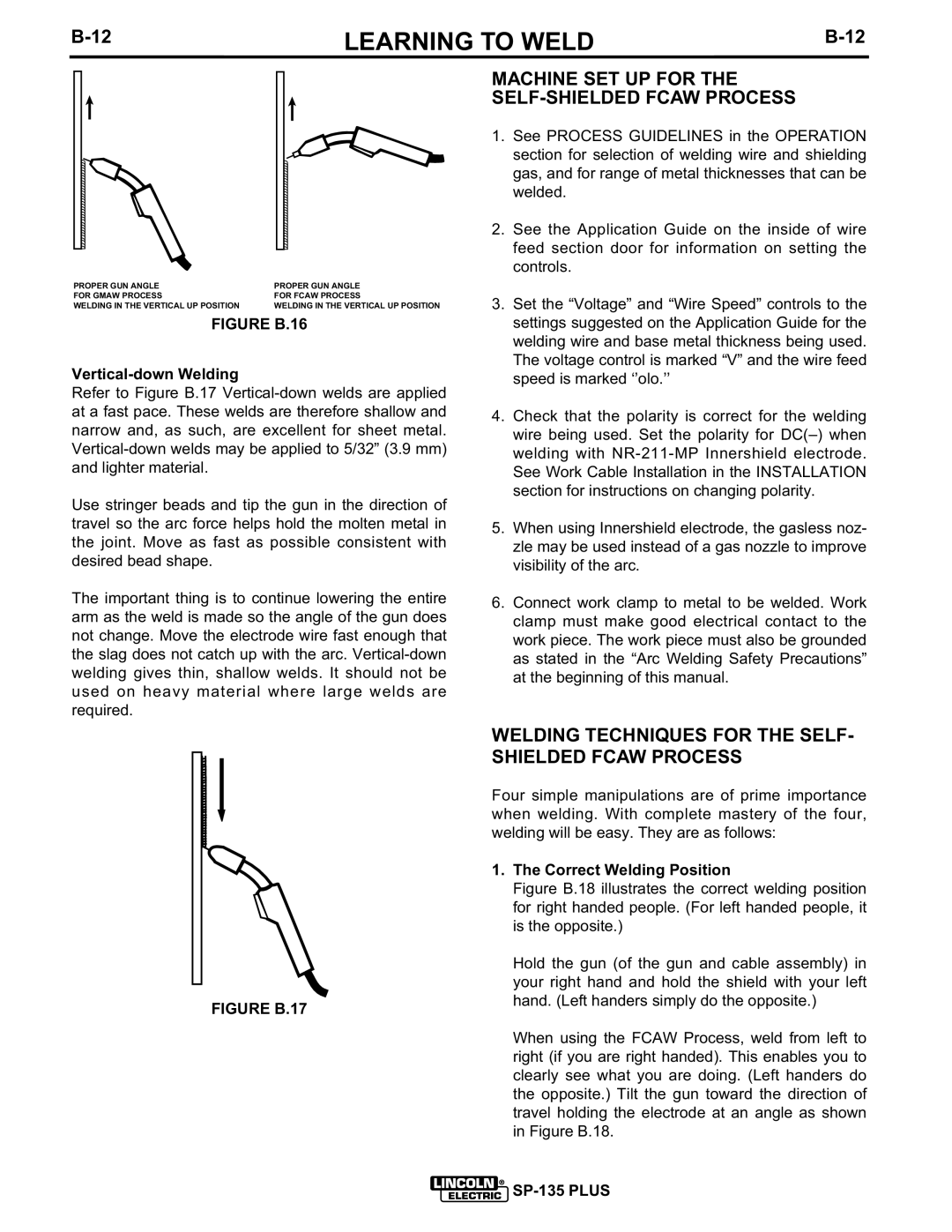 Lincoln Electric IM725 Machine SET UP for the SELF-SHIELDED Fcaw Process, Vertical-down Welding, Correct Welding Position 