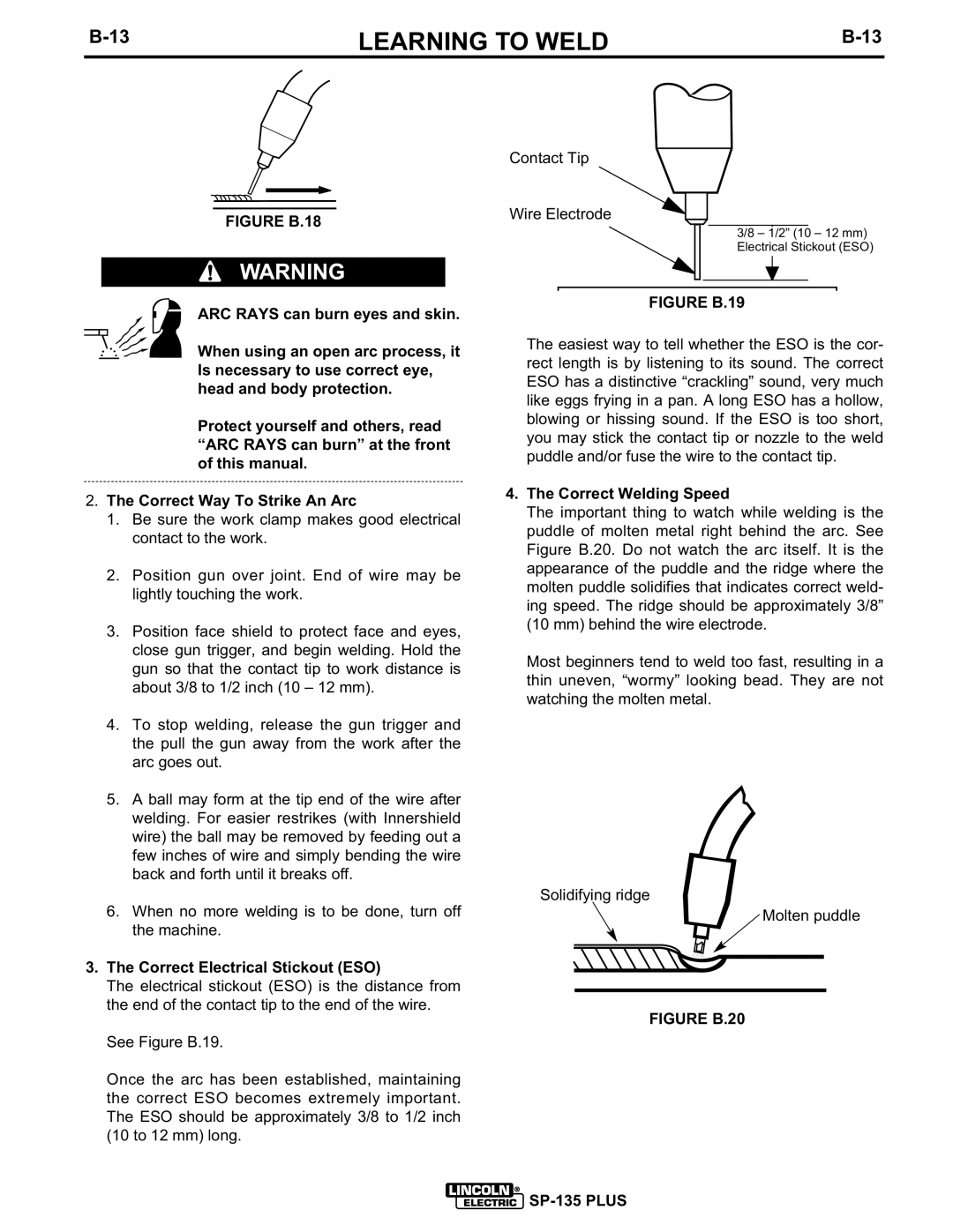 Lincoln Electric IM725 manual Correct Electrical Stickout ESO, Correct Welding Speed 