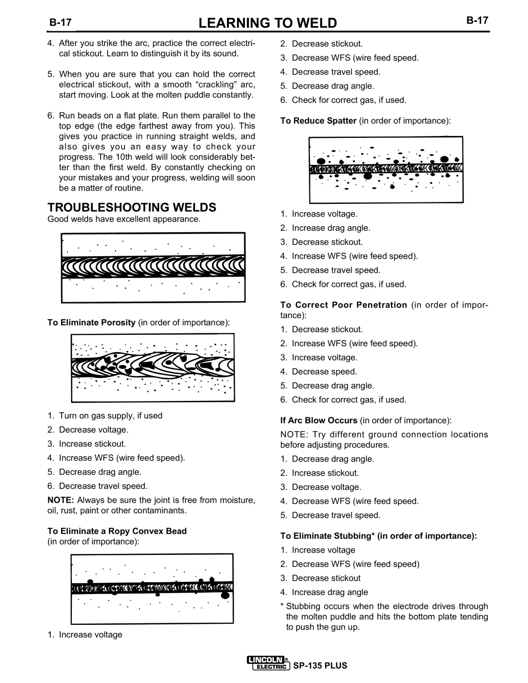 Lincoln Electric IM725 manual Troubleshooting Welds, To Eliminate a Ropy Convex Bead in order of importance 