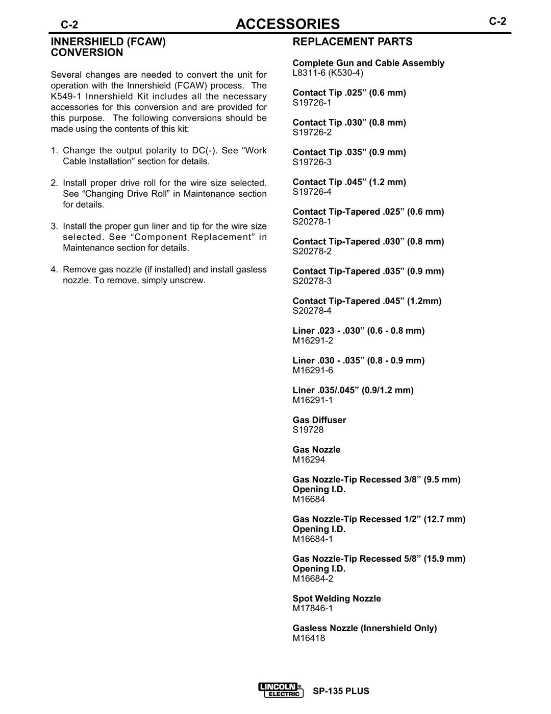 Lincoln Electric IM725 manual Innershield Fcaw Conversion, Replacement Parts 