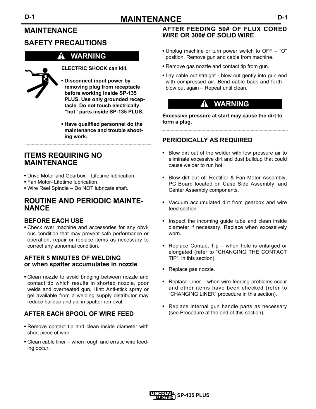 Lincoln Electric IM725 manual Maintenance Safety Precautions, Items Requiring no Maintenance 