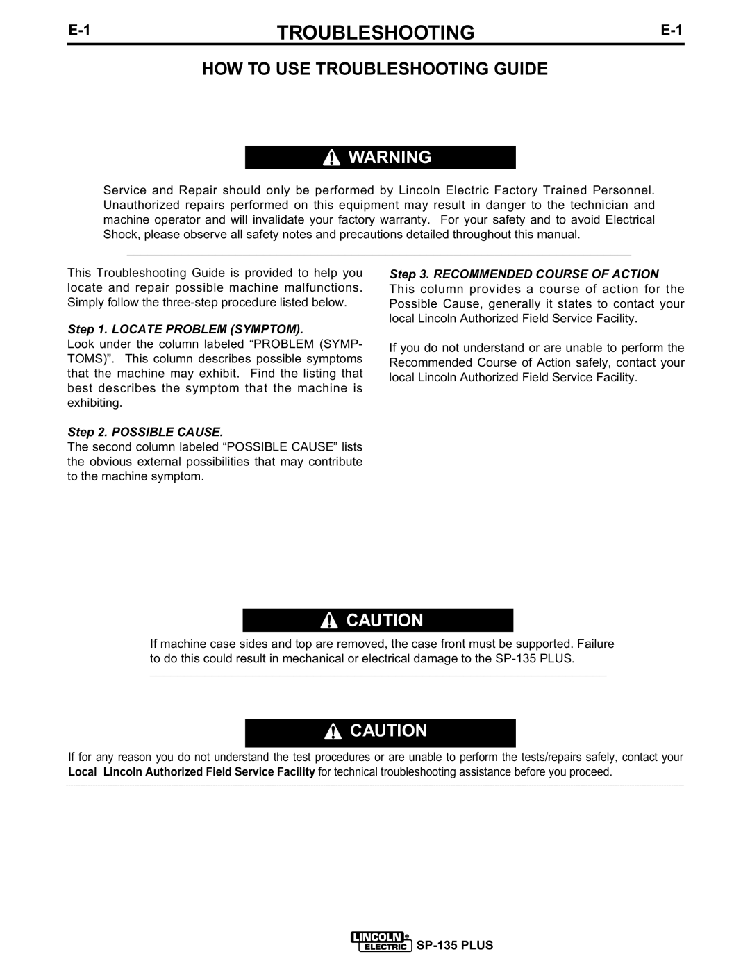 Lincoln Electric IM725 manual HOW to USE Troubleshooting Guide 