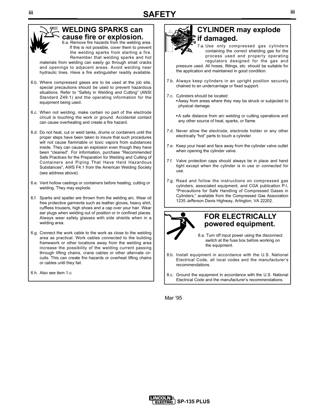 Lincoln Electric IM725 manual Safety, Iii, SP-135 Plus 