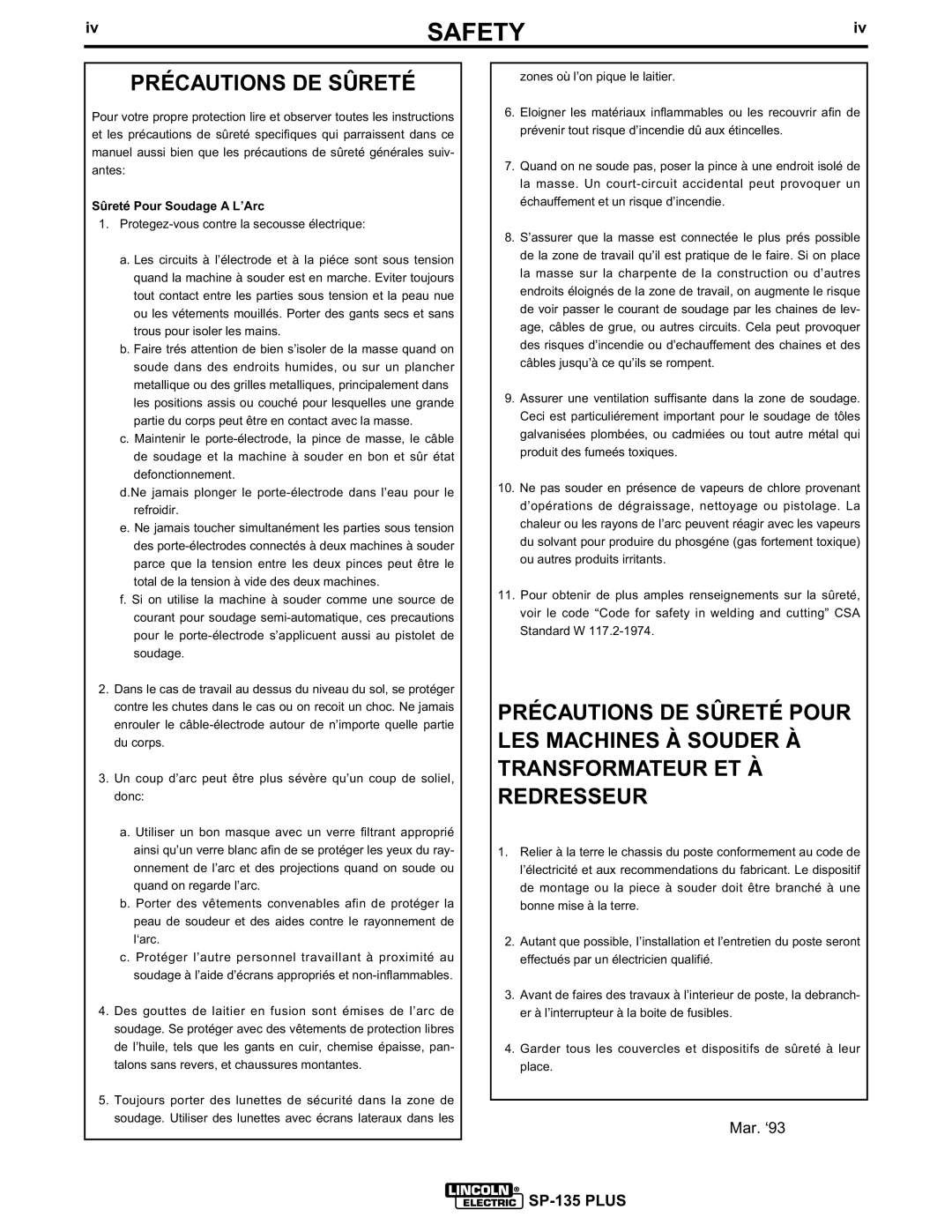 Lincoln Electric IM725 manual Précautions DE Sûreté, Sûreté Pour Soudage a L’Arc 