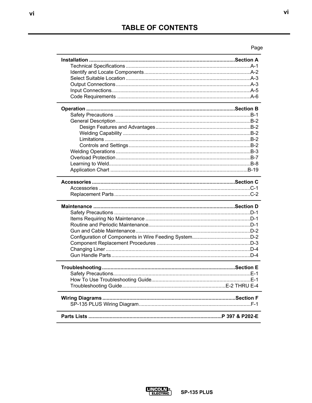 Lincoln Electric IM725 manual Table of Contents 