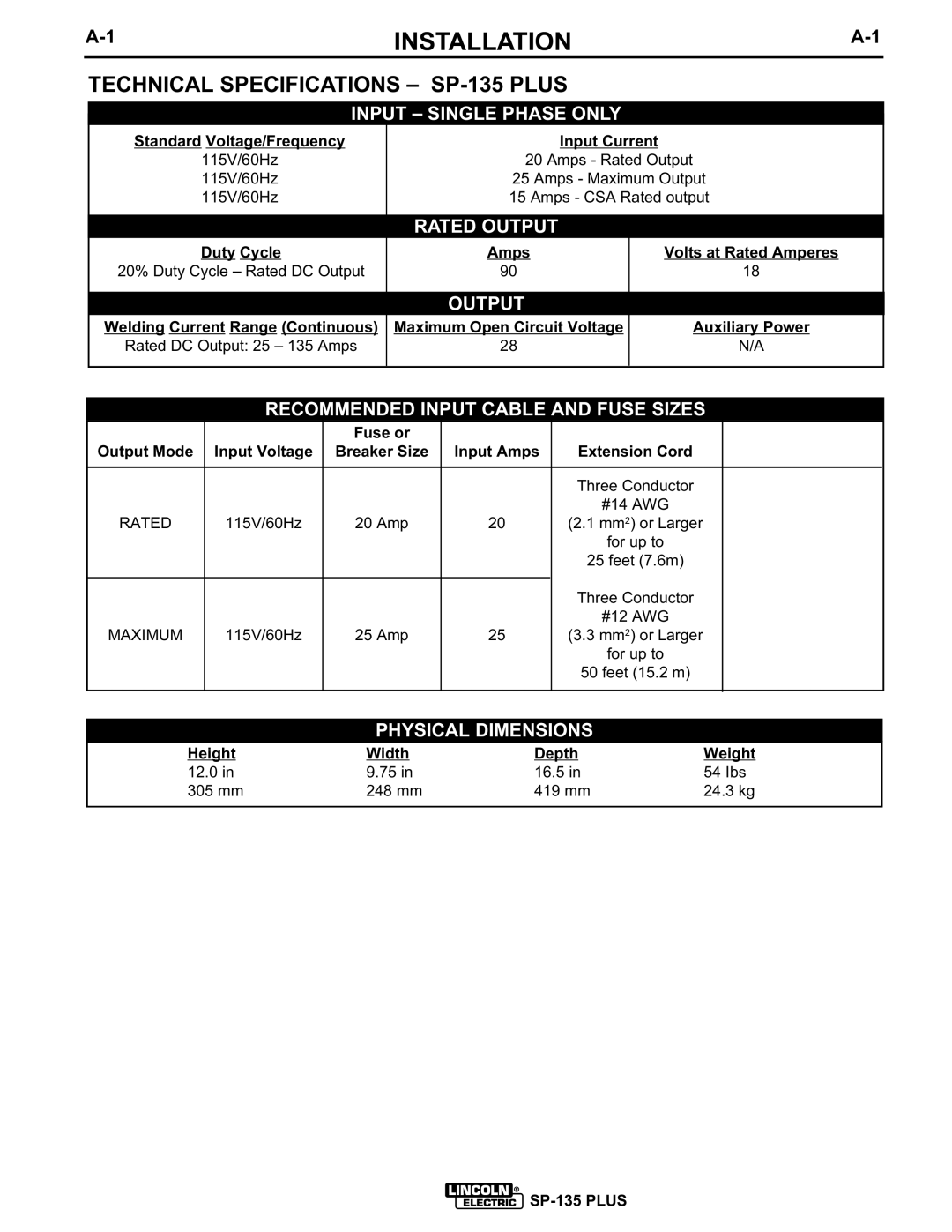 Lincoln Electric IM725 manual Installation, Technical Specifications SP-135 Plus 