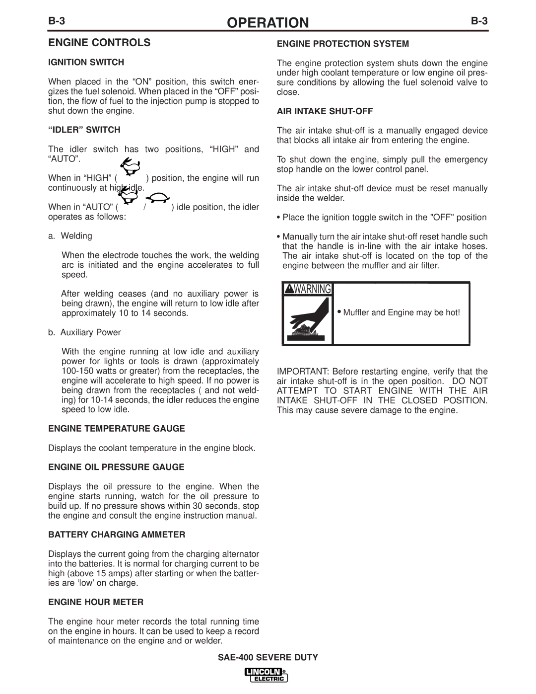 Lincoln Electric IM727 manual Engine Controls 