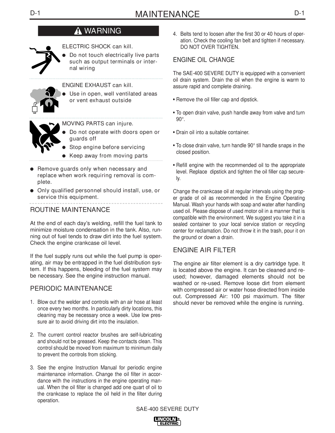 Lincoln Electric IM727 manual Routine Maintenance, Engine OIL Change, Periodic Maintenance, Engine AIR Filter 