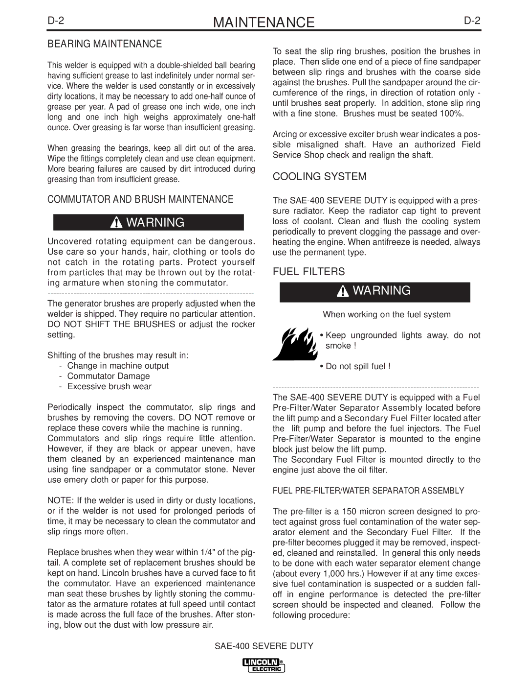 Lincoln Electric IM727 manual Bearing Maintenance, Commutator and Brush Maintenance, Cooling System, Fuel Filters 