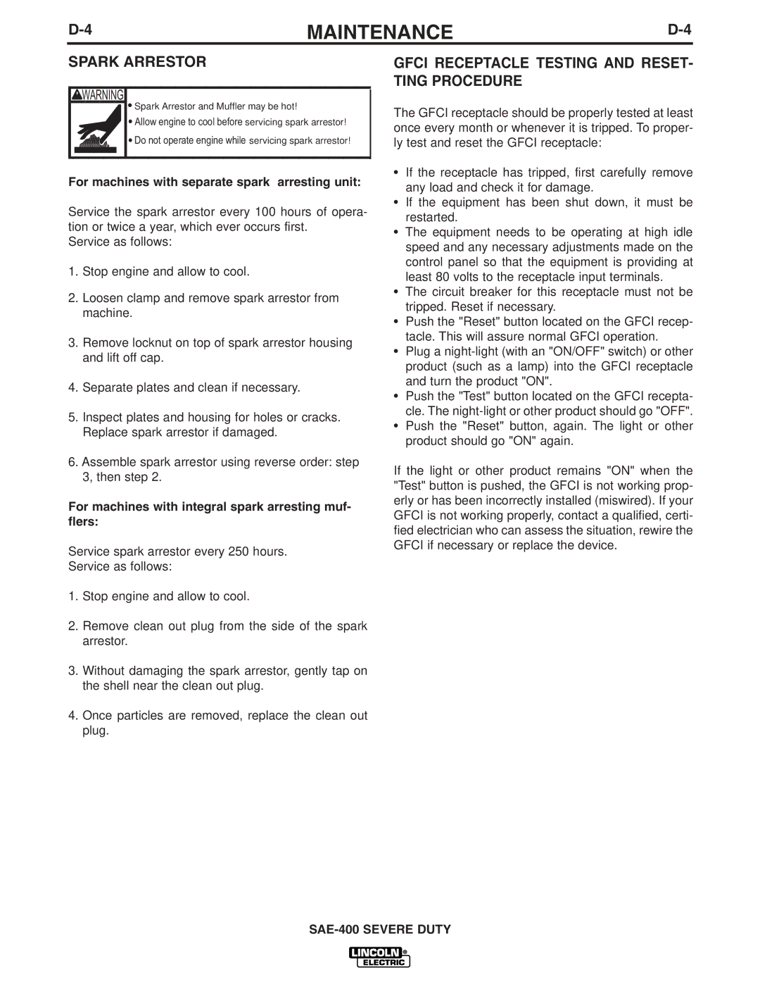 Lincoln Electric IM727 Gfci Receptacle Testing and RESET- Ting Procedure, For machines with separate spark arresting unit 