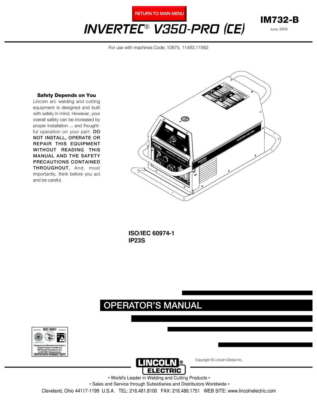 Lincoln Electric IM732-B manual Invertec V350-PRO CE June, IP23S 