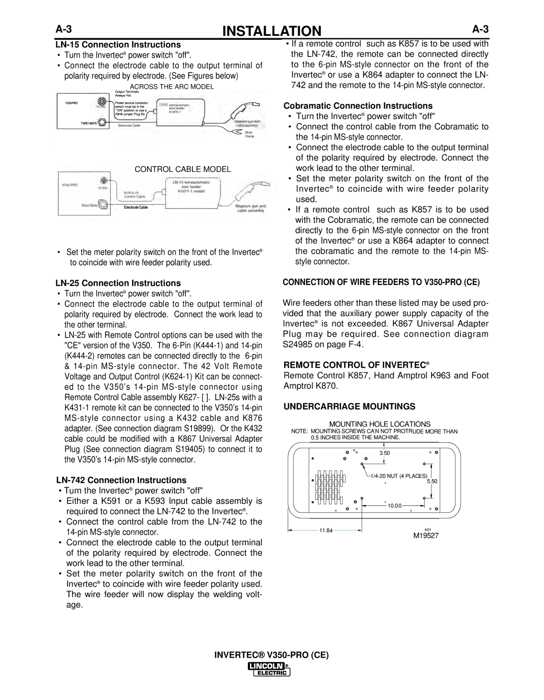 Lincoln Electric IM732-B Connection of Wire Feeders to V350-PRO CE, Remote Control of Invertec, Undercarriage Mountings 