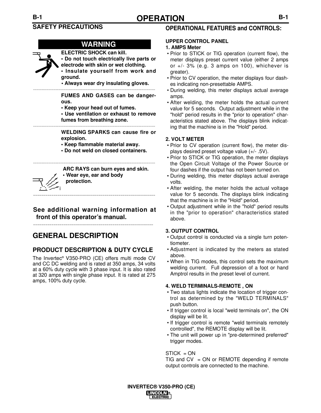 Lincoln Electric IM732-B manual Operation, Product Description & Duty Cycle, Volt Meter, Output Control 