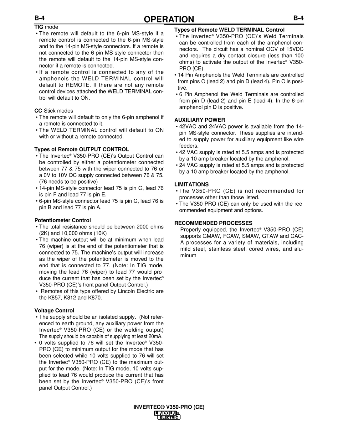 Lincoln Electric IM732-B manual Auxiliary Power, Limitations, Recommended Processes 