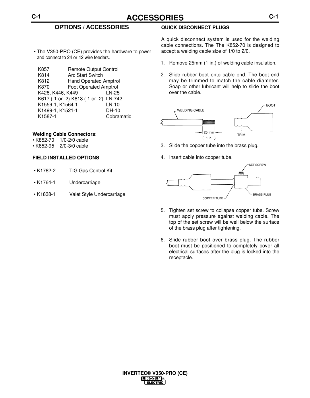 Lincoln Electric IM732-B manual Options / Accessories, Welding Cable Connectors, Field Installed Options 