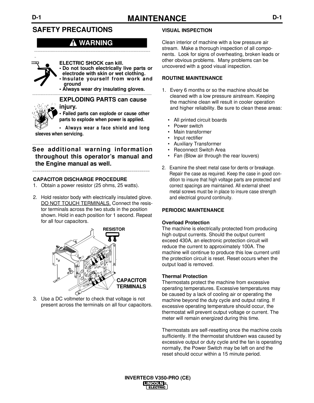 Lincoln Electric IM732-B Capacitor Discharge Procedure, Visual Inspection, Routine Maintenance, Periodic Maintenance 