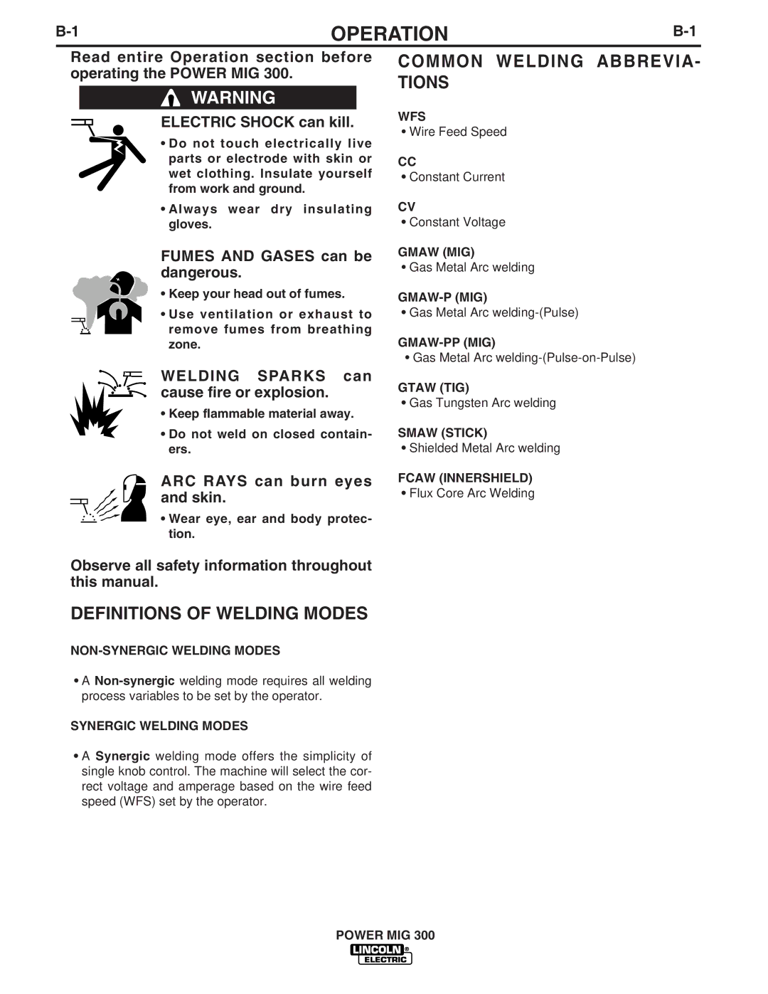 Lincoln Electric IM736-D manual Operation, Definitions of Welding Modes, Common Welding ABBREVIA- Tions 