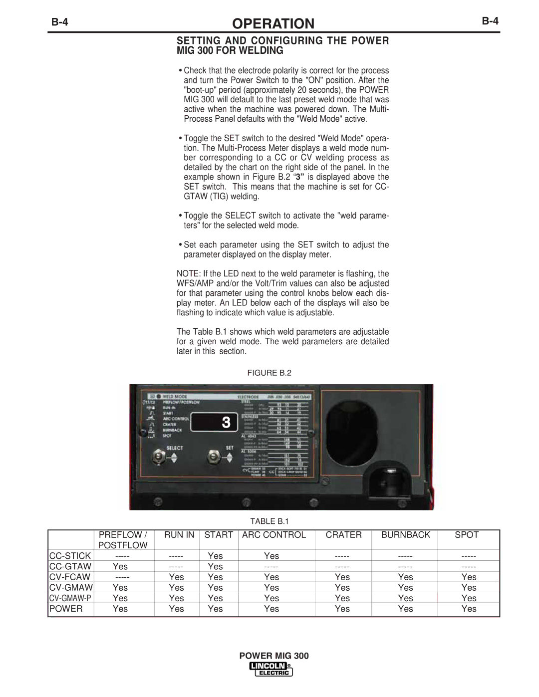 Lincoln Electric IM736-D manual 4OPERATIONB-4, Setting and Configuring the Power MIG 300 for Welding 