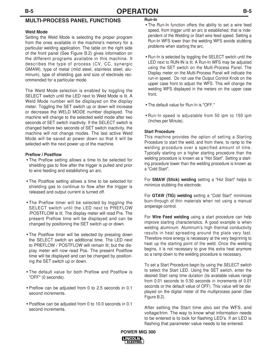 Lincoln Electric IM736-D manual MULTI-PROCESS Panel Functions, Weld Mode, Preflow / Postflow, Run-In, Start Procedure 