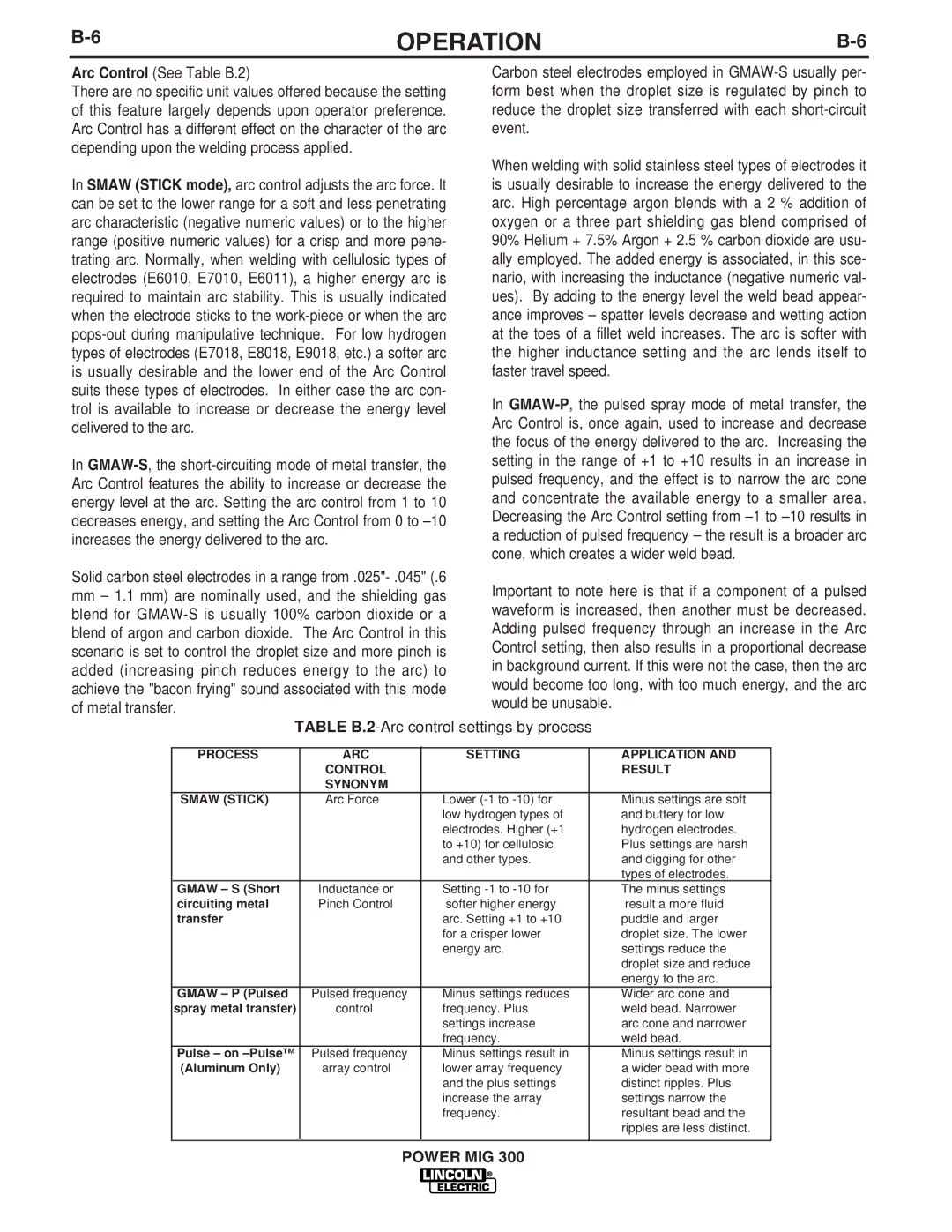 Lincoln Electric IM736-D manual Arc Control See Table B.2 