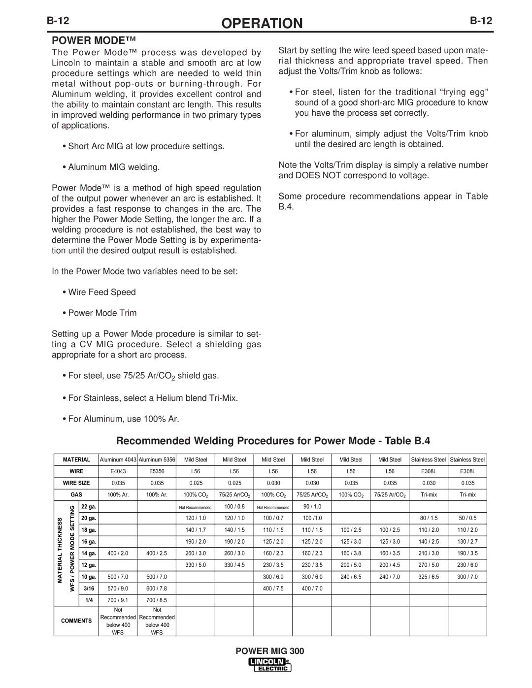 Lincoln Electric IM736-D manual Recommended Welding Procedures for Power Mode Table B.4 