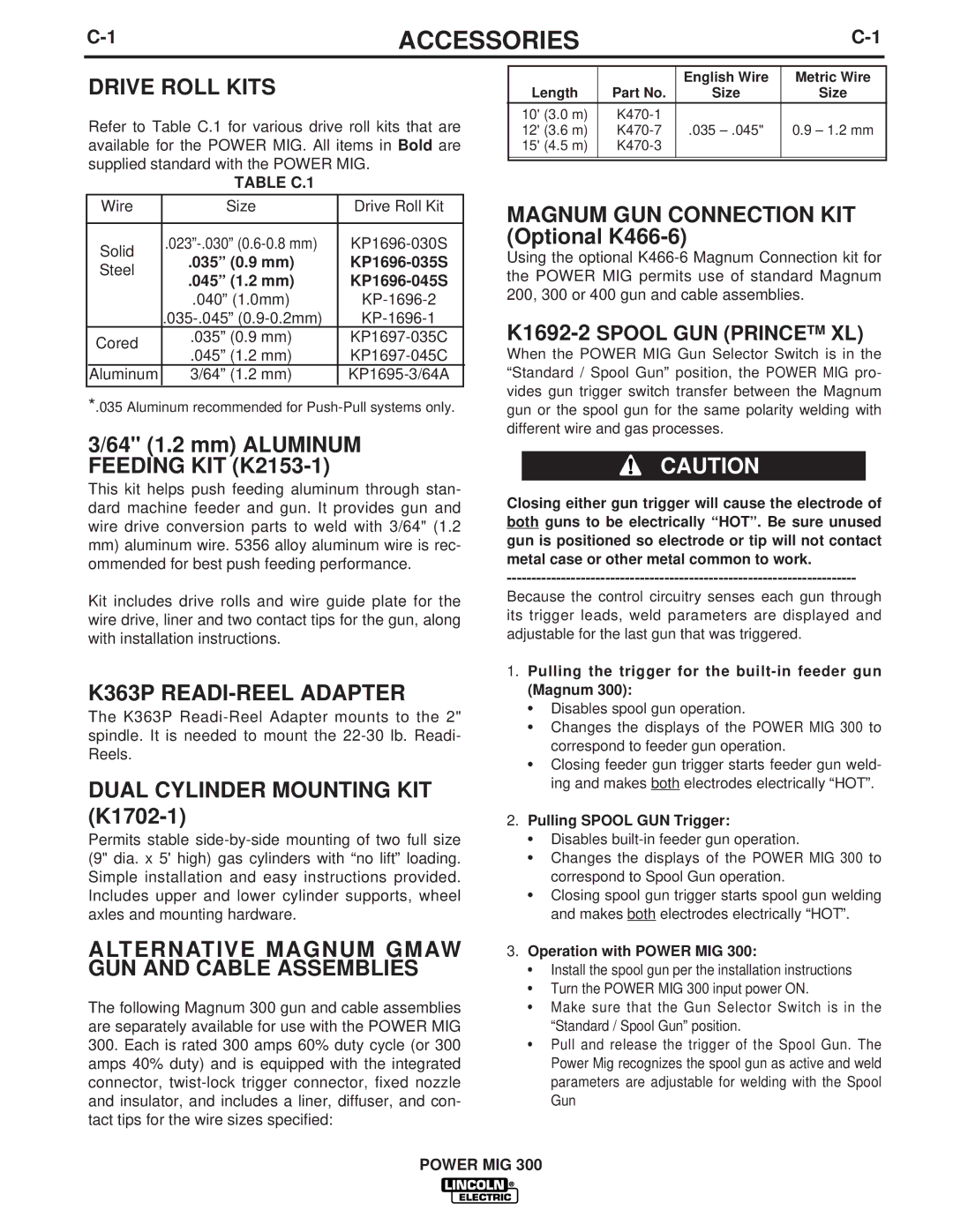 Lincoln Electric IM736-D manual Accessories, Drive Roll Kits, K363P READI-REEL Adapter, Dual Cylinder Mounting KIT K1702-1 