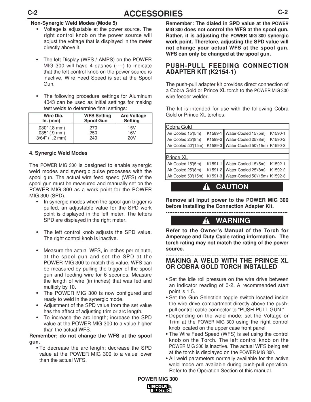 Lincoln Electric IM736-D manual PUSH-PULL Feeding Connection Adapter KIT K2154-1, Non-Synergic Weld Modes Mode 