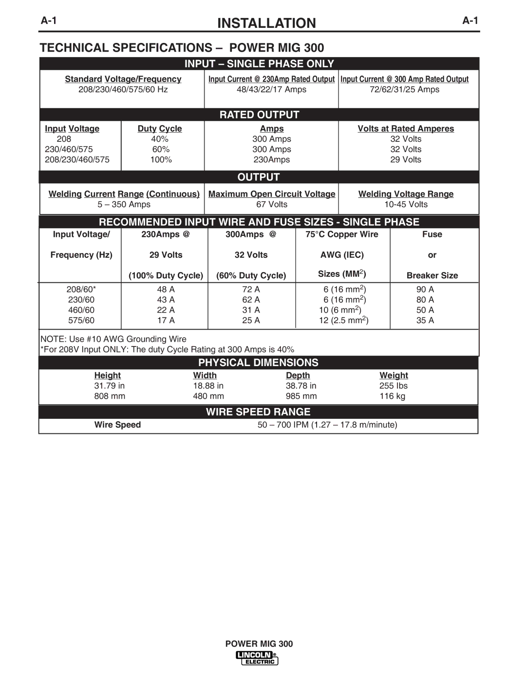 Lincoln Electric IM736-D manual Installation, Technical Specifications Power MIG 