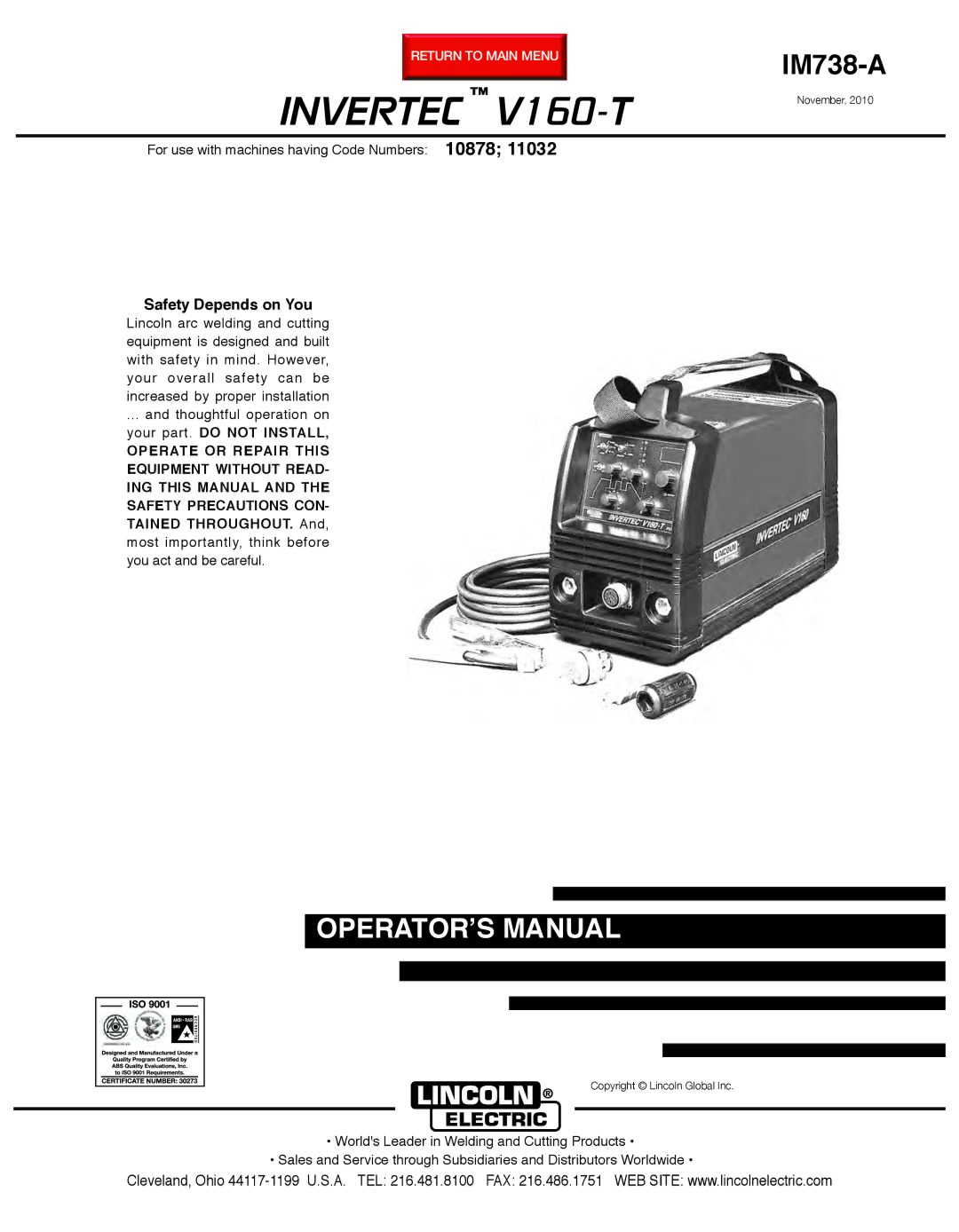 Lincoln Electric IM738-A manual Invertec V160-T, Safety Depends on You 