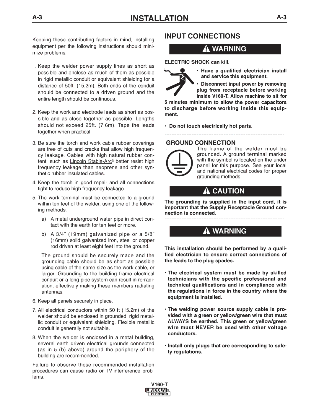 Lincoln Electric IM738-A, V160-T manual Input Connections, Ground Connection 