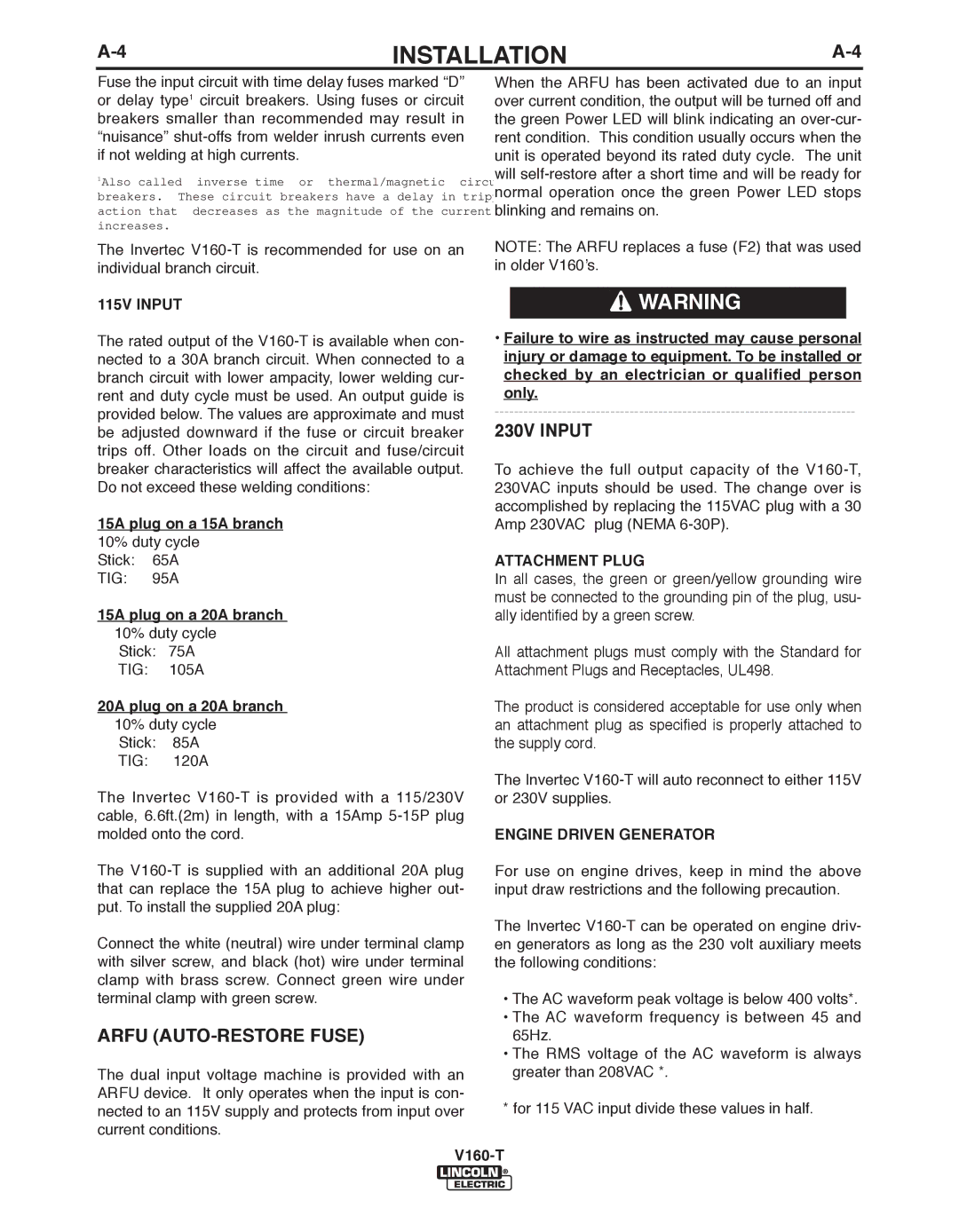 Lincoln Electric V160-T, IM738-A Arfu AUTO-RESTORE Fuse, 230V Input, 115V Input, Attachment Plug, Engine Driven Generator 