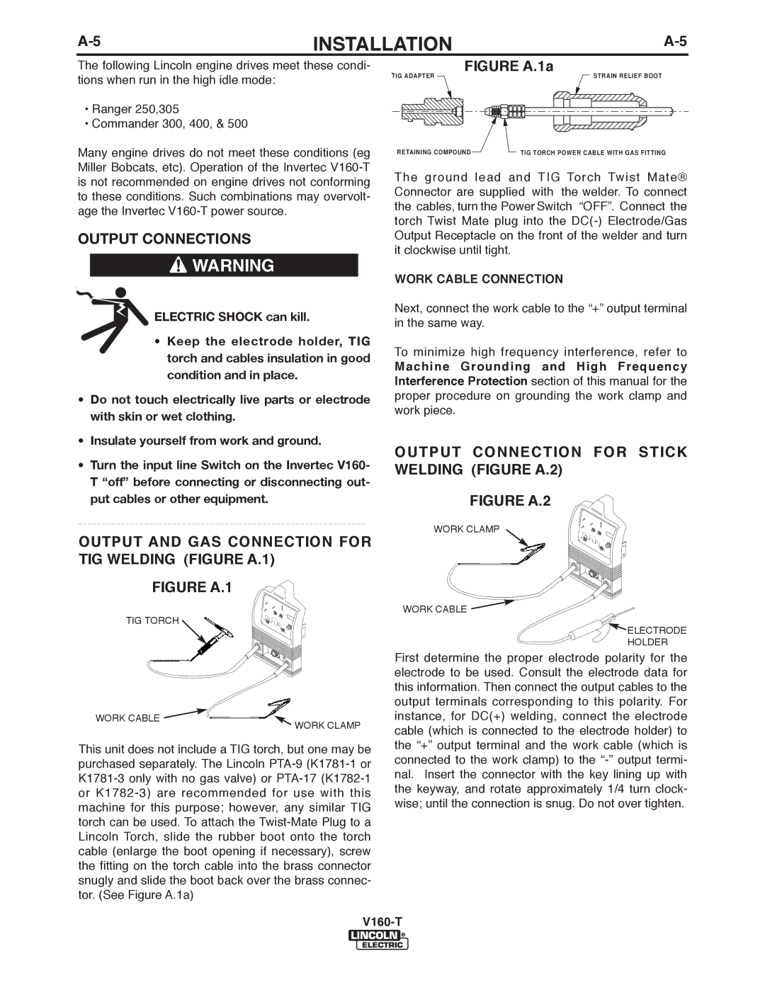 Lincoln Electric IM738-A, V160-T manual Output and GAS Connection for TIG Welding Figure A.1, Work CAbLE Connection 