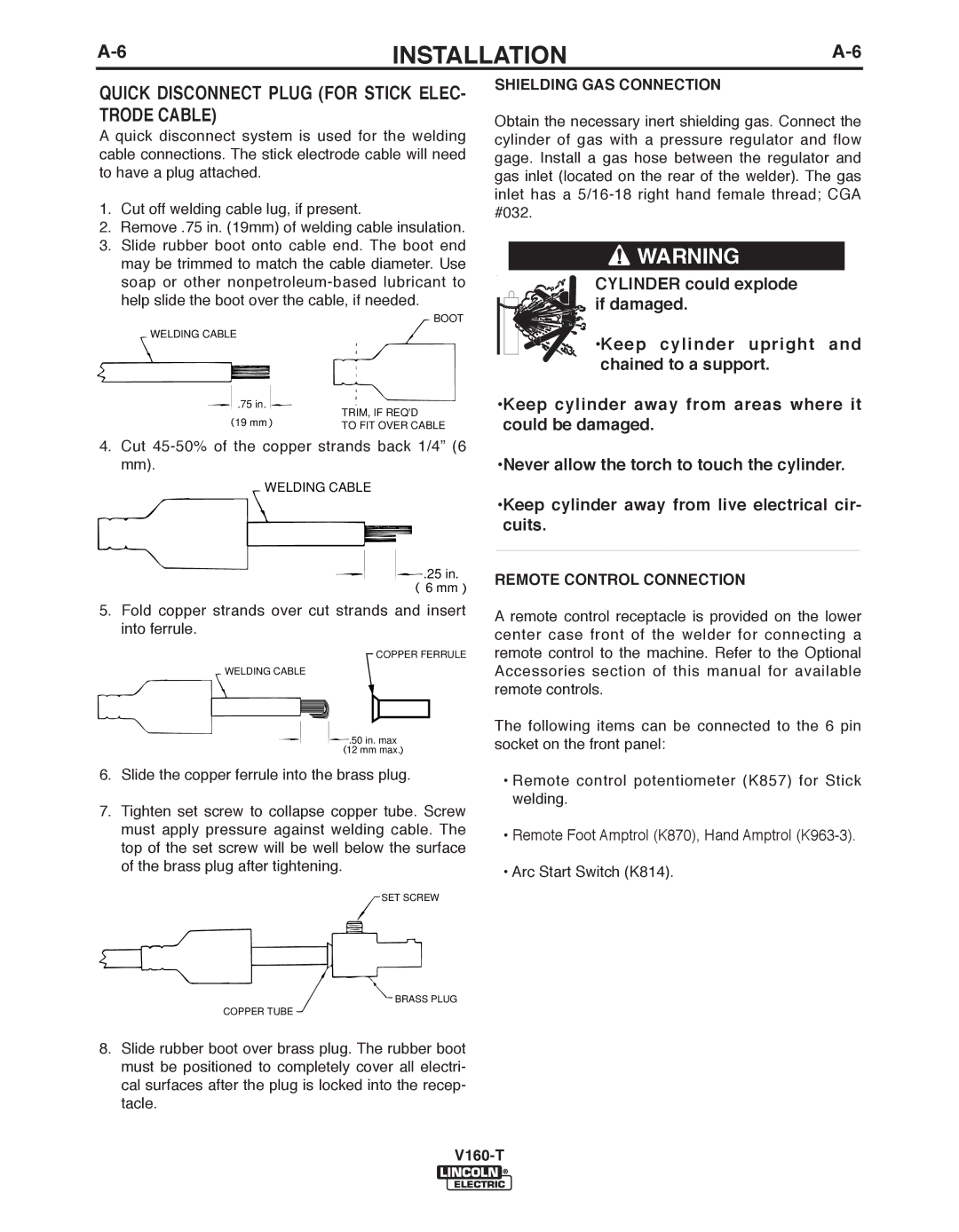 Lincoln Electric V160-T, IM738-A manual Quick Disconnect Plug for Stick ELEC- Trode CAbLE, Shielding GAS Connection 