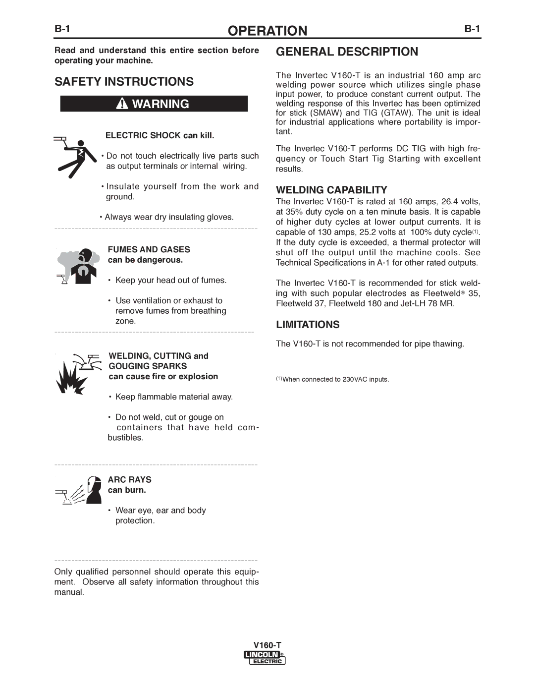 Lincoln Electric IM738-A, V160-T manual Operation, Welding CAPAbILITY, Limitations, Gouging Sparks 