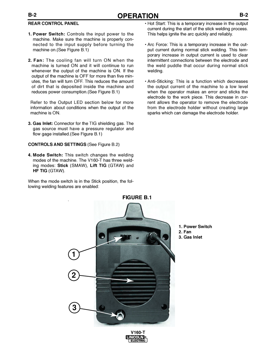 Lincoln Electric IM738-A Rear Control Panel, Controls and Settings See Figure B.2, Power Switch Fan Gas Inlet V160-T 