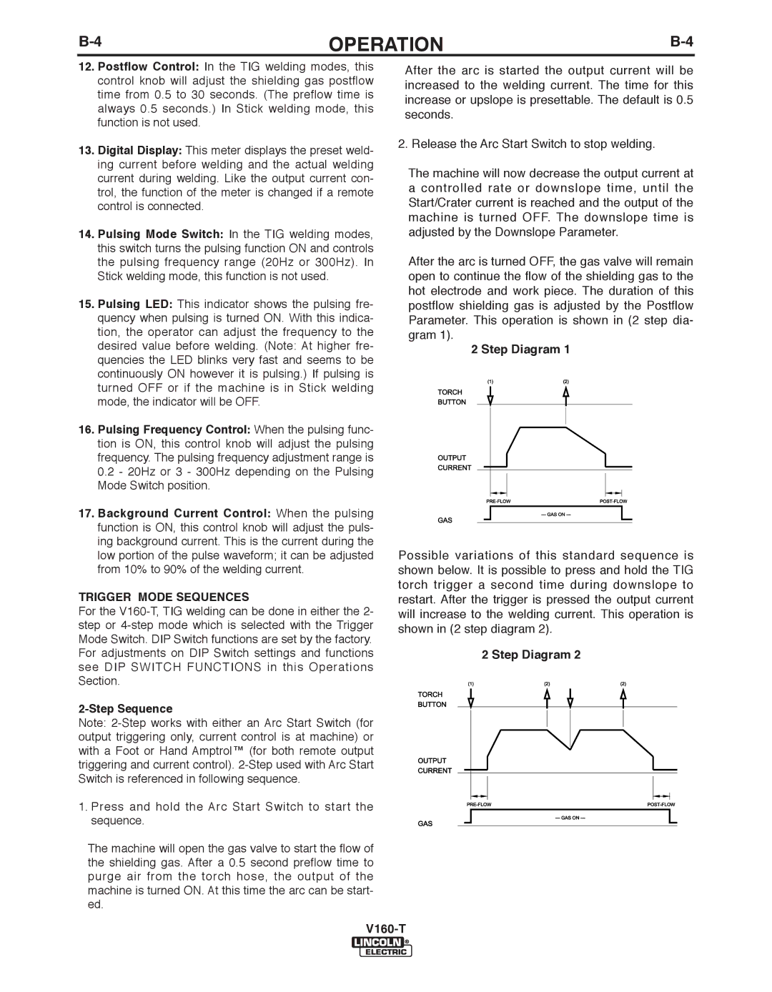 Lincoln Electric IM738-A manual Trigger Mode Sequences, Step Sequence, Step Diagram V160-T 