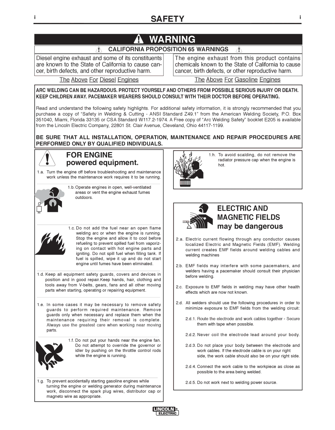 Lincoln Electric IM738-A, V160-T manual Safety, California Proposition 65 Warnings 