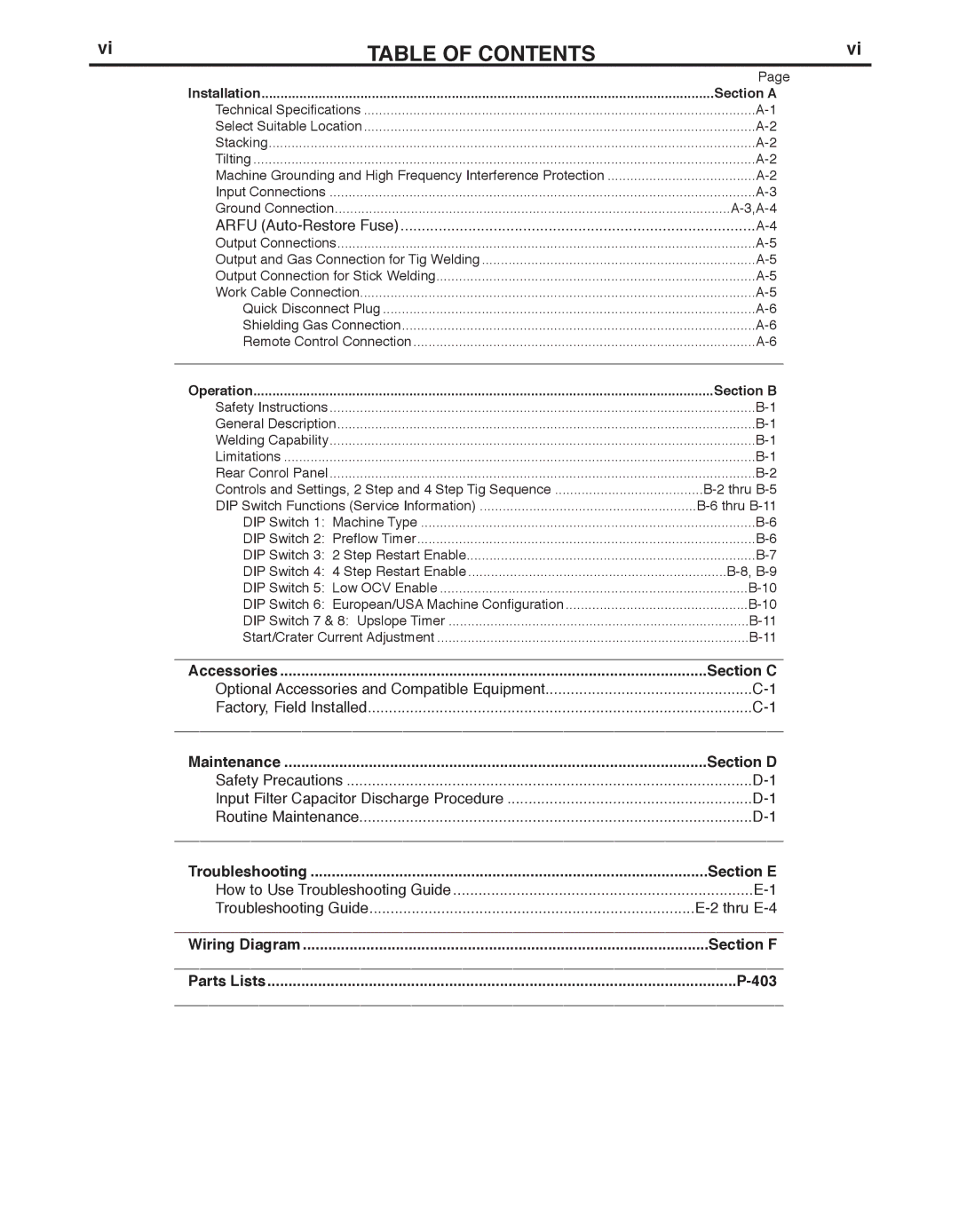 Lincoln Electric V160-T, IM738-A manual TAbLE of Contents 