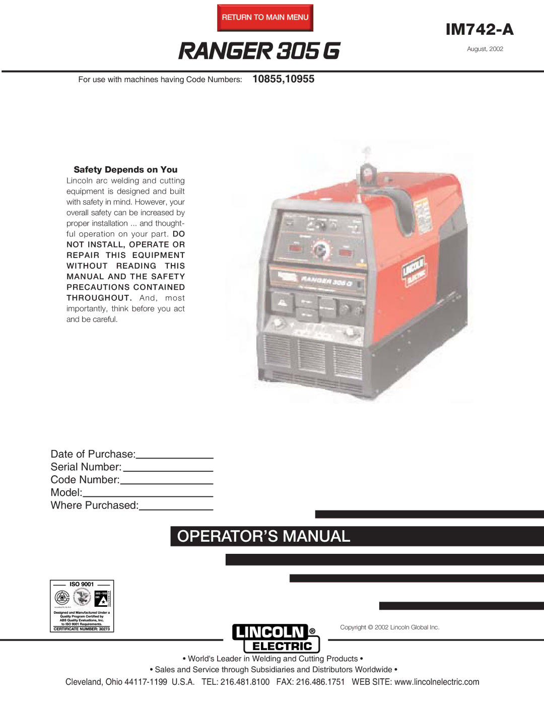 Lincoln Electric IM742-A manual Ranger 305 G 