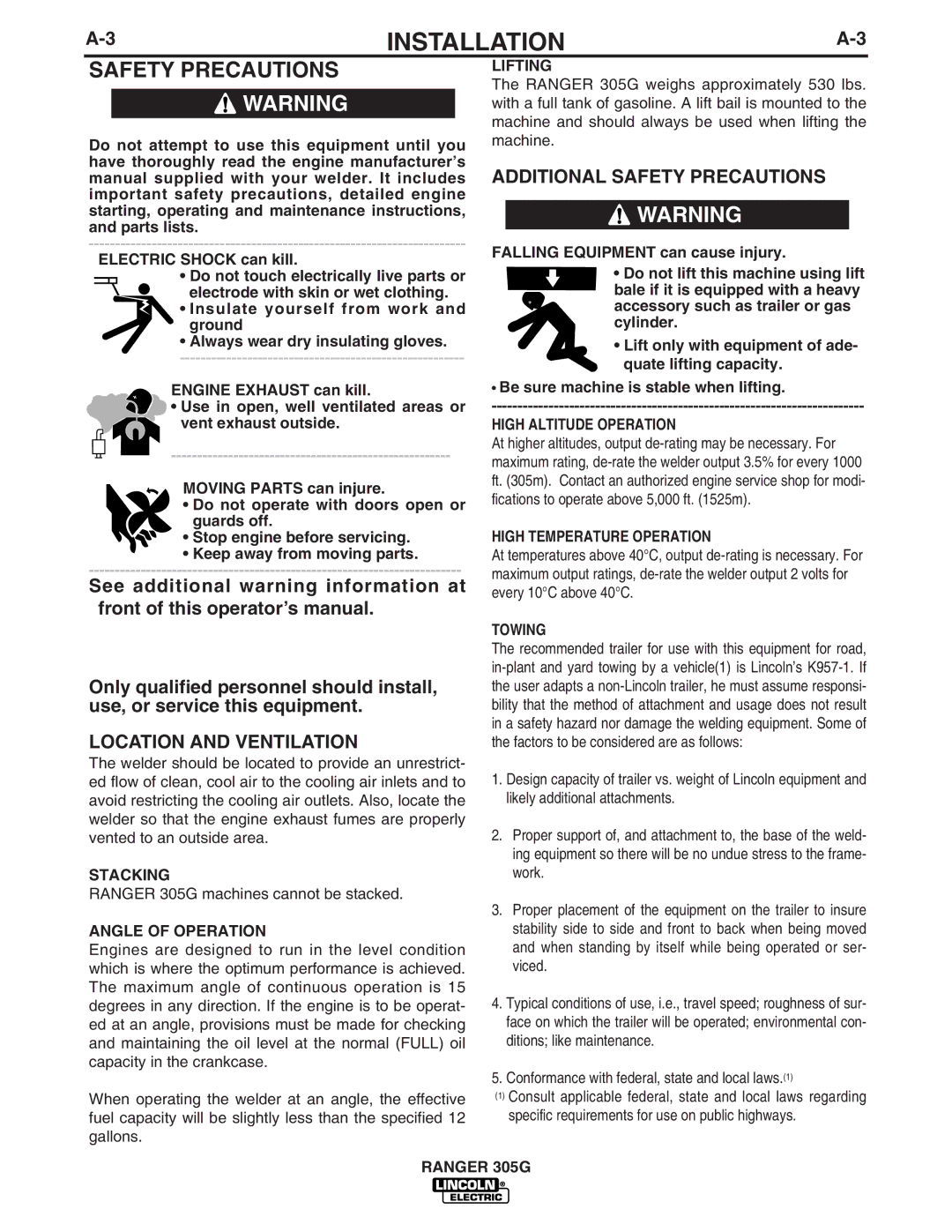 Lincoln Electric IM742-A manual Location and Ventilation, Additional Safety Precautions 