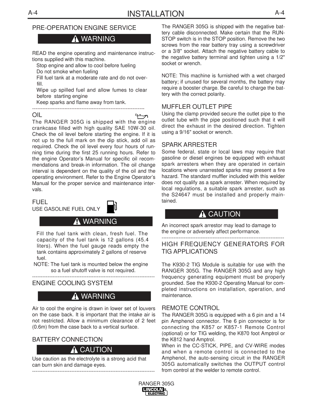 Lincoln Electric IM742-A manual PRE-OPERATION Engine Service, Oil, Fuel, Engine Cooling System, Battery Connection 