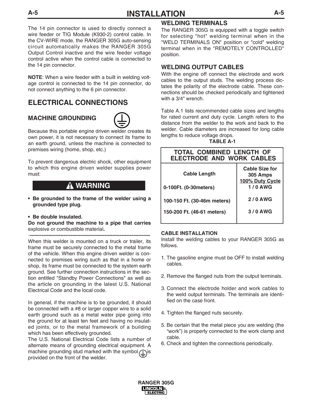 Lincoln Electric IM742-A manual Electrical Connections, Machine Grounding, Welding Terminals, Welding Output Cables 